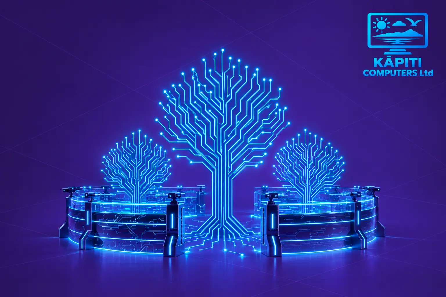 Three glowing digital trees, each fenced off inside its own separate circular enclosure, representing separate walled-off digital ecosystems