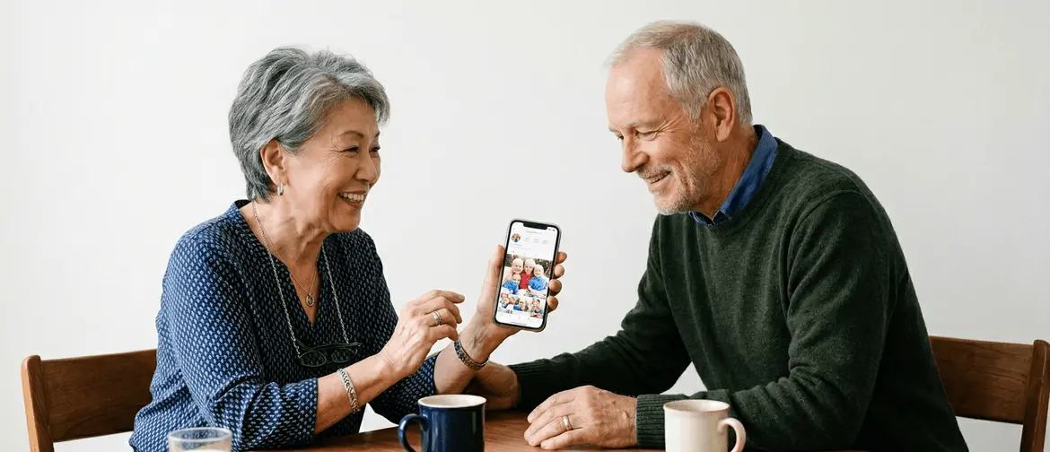 Older couple smiling at their kitchen table as she shows him family photos on her phone