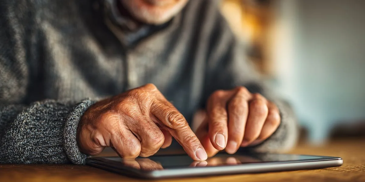 Close-up of an older adult's hands confidently using a tablet