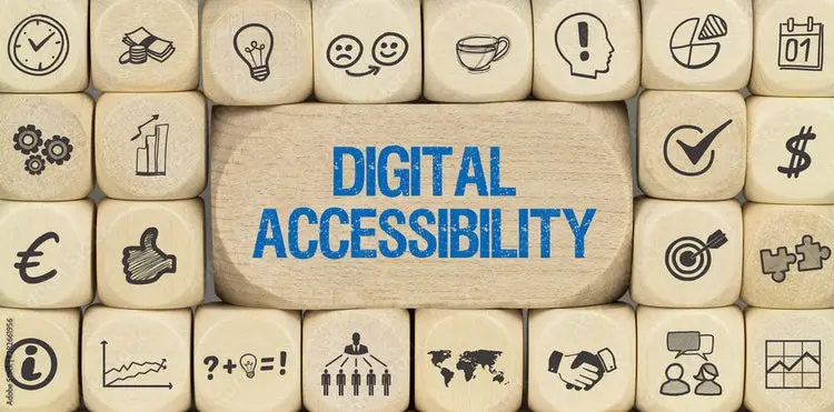 Wooden blocks arranged to spell 'Digital Accessibility', surrounded by icons